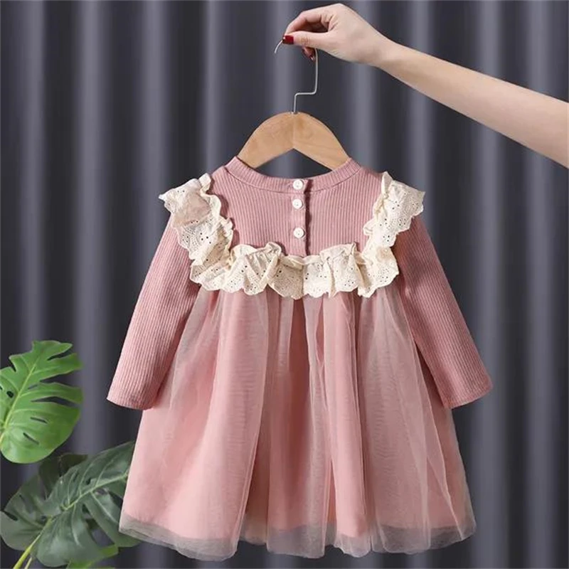 Baby Girl\'s Dress Spring Autumn Cute Lace Mesh Stitching Dress Birthday Party Clothes Toddler Kids Elegant Princess Dress