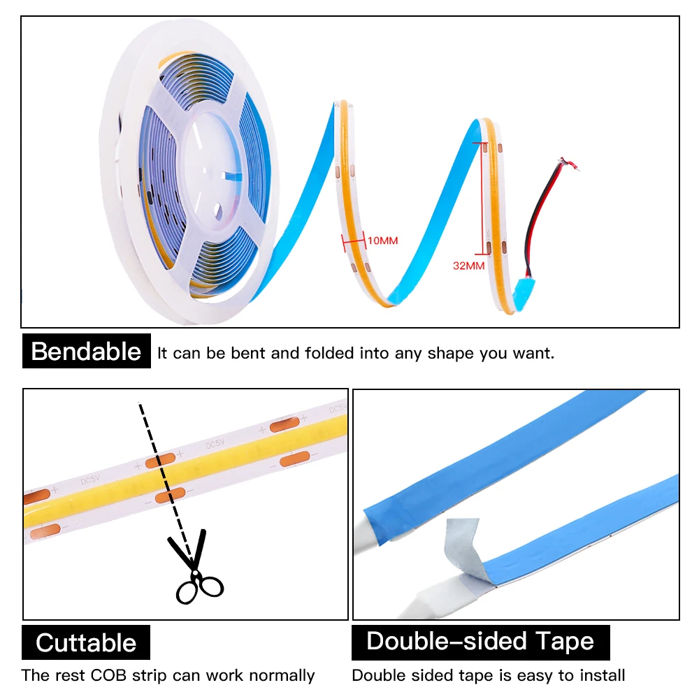 DC5V Flexible COB LED Strip 320Leds/m Ribbon Tape USB Power Strip Lamp with Remote Control Dimmer High Density Linear Light Rope
