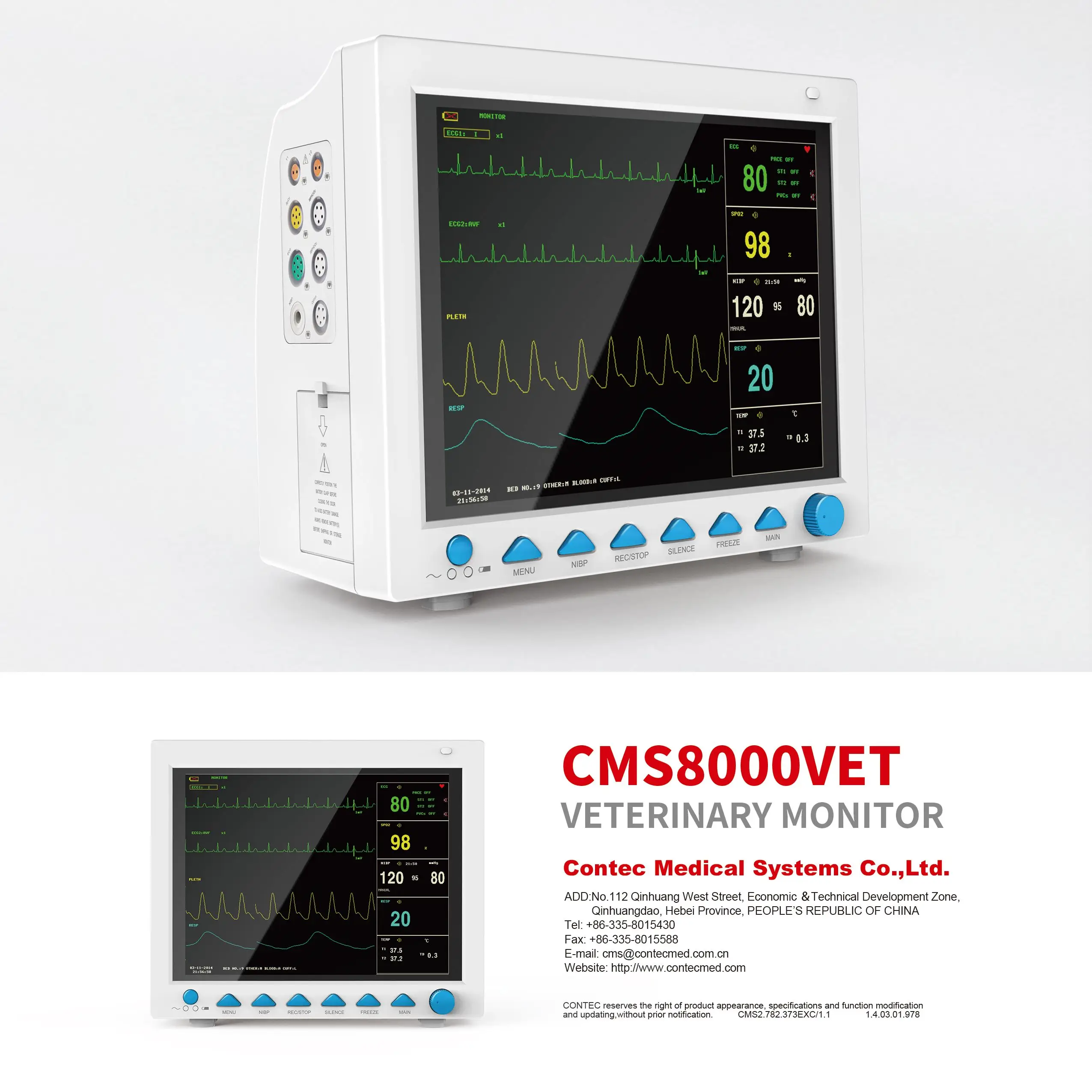 CONTEC CMS8000-VET Vital Signs Patient Monitor 6 Standard Parameters ECG RESPIRATION SPO2 NIBP TEMP Optional Printer