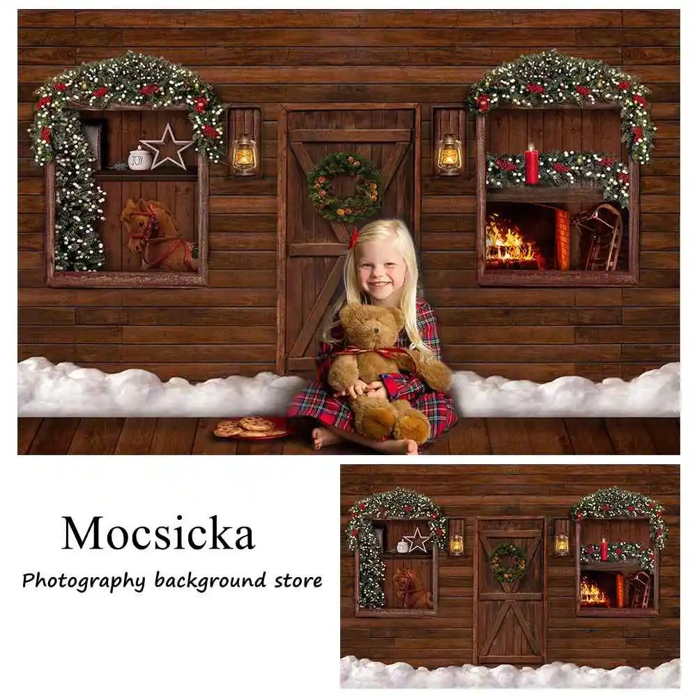 

Mocsicka Wood Photography Background for Photo Studio Christmas Backdrop Wood Door Garland Snow Child Portrait Photoshoot Props