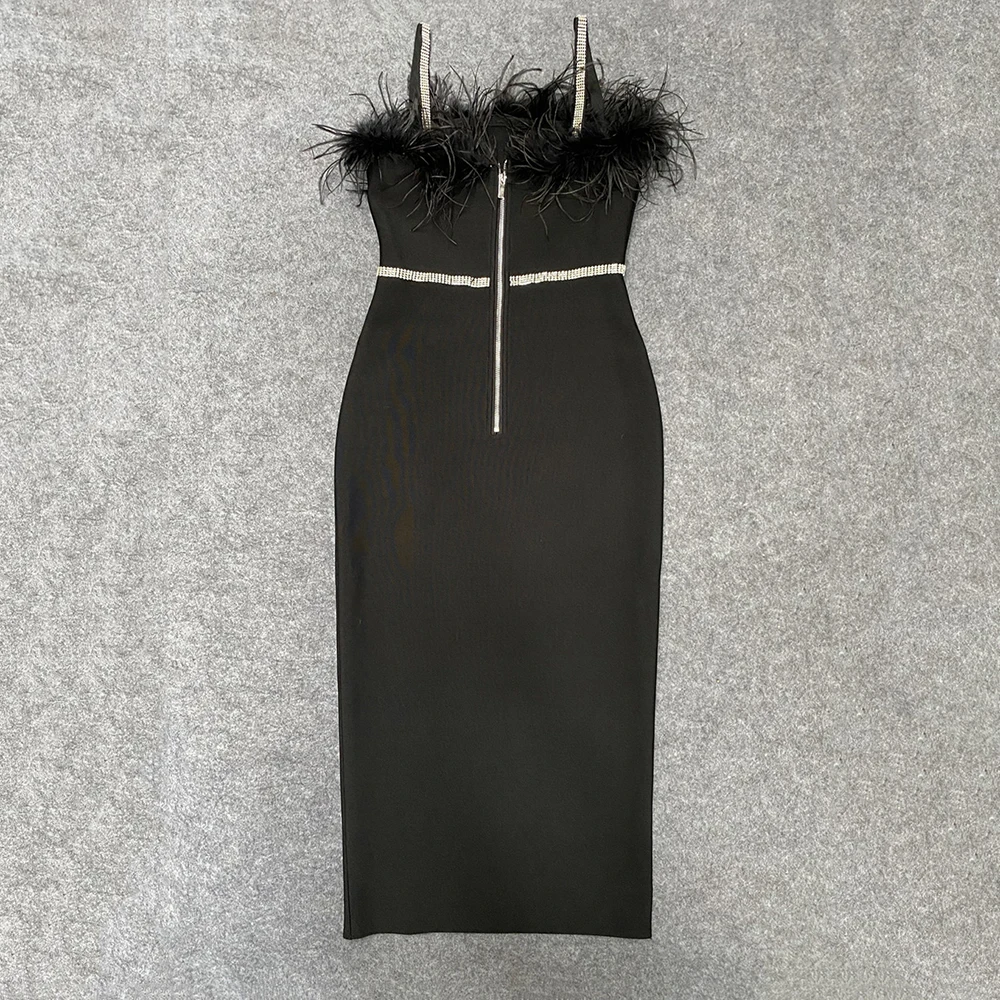 Sexy Beading Bandages Dress Women Black Feathers Elegant Clothing Celebrity Party Club Bodycon Midi Dresses