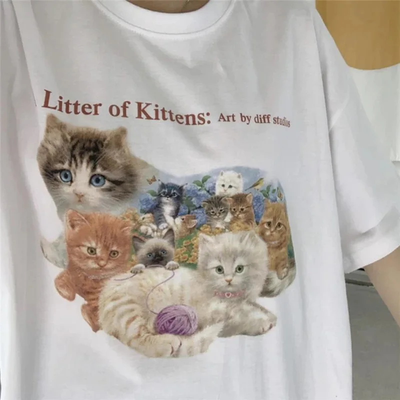 

A Little Of Kitten Aesthetic Print Women T Shirt Summer Fashion Cute Kawaii Graphic Tee Harajuku 90s Oversized Y2k Tops Clothes