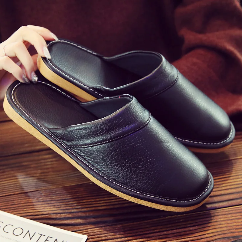 New arrival classic faux leather slippers female mules waterproof indoor house shoes for women autumn winter bedroom slippers