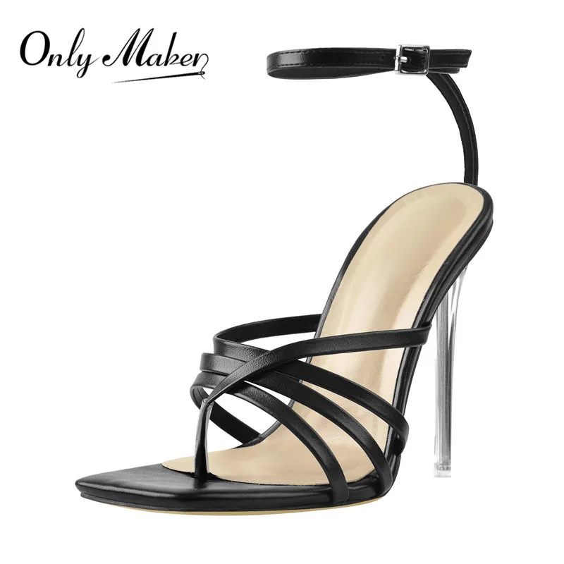 Onlymaker Women Black Matte Ankle Buckle Strap Stiletto Metal High Heel Sandals