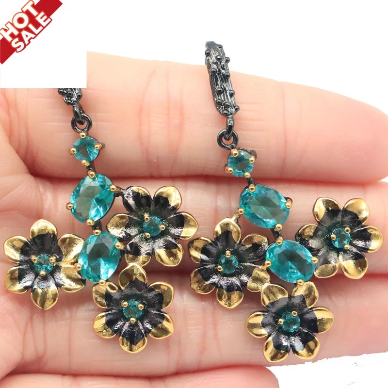 Buy 3 get 1 free 52x31mm 11g Vintage Black Gold Silver Earrings Pendant  Aquamarine White Bright Cubic Zircon