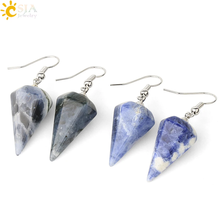 CSJA Bohemian Pyramid Drop Earrings Jewelry Earrings for Women Natural Stone Pink White Purple Crystal Quartz Lapis Lazuli E736