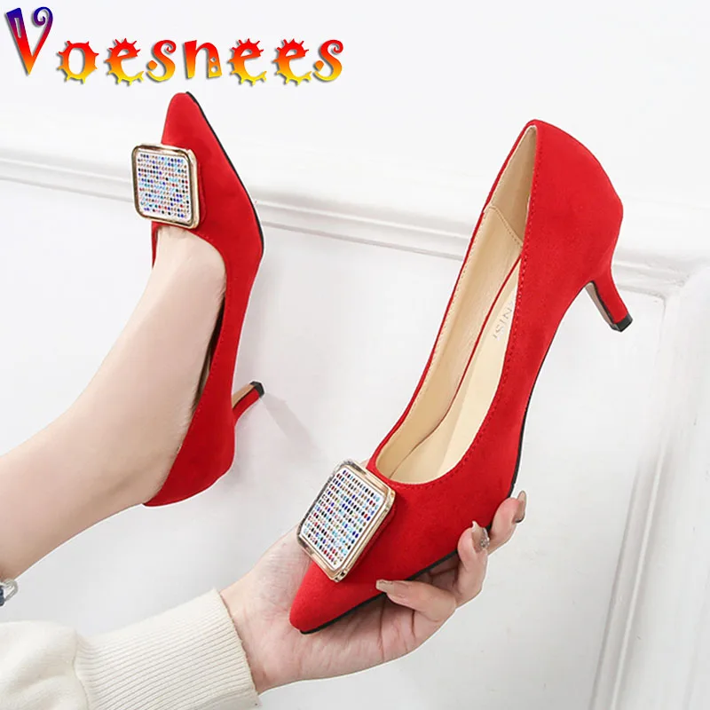 Voesnees Diamond Tide Current Women Pumps 2021 New Suede Female Shoes Metal Glitter Decoration Office Stiletto Pointed Toe Shoes