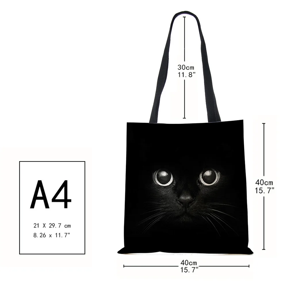 Bolsa de design feminina de linho com estampa de gato preto, bolsa de compras para escritório, reutilizável, casual e de ombro