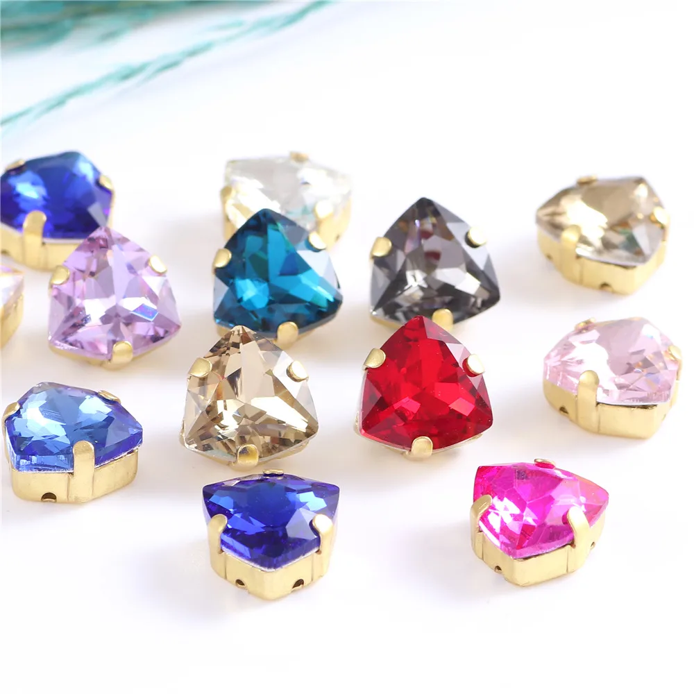 Sewing Crystal 12mm Triangle Shape Glass Sew On Rhinestones With Flatback Gold Claw for Clothing Accessories Shoes Diy