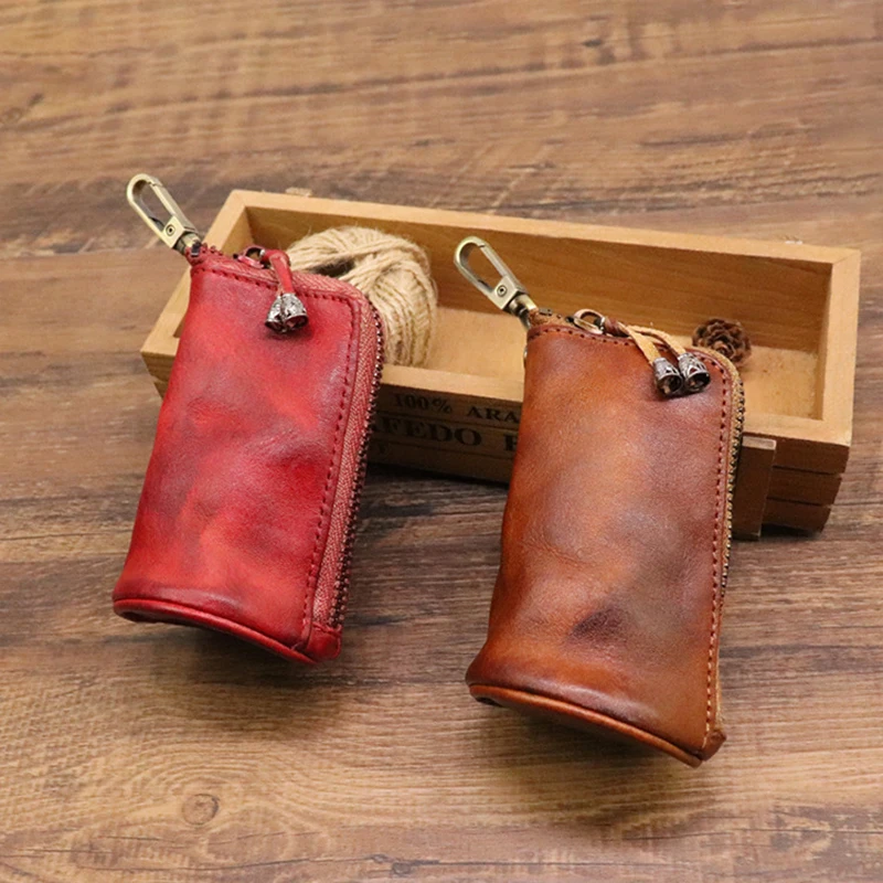 Original Leather Brand Car Key Bag Unisex Small Round Columnar Key Holder Organizer Pouch 2023 Women Keychain Housekeeper Wallet