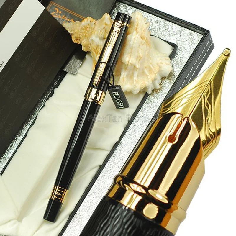 Picasso 917 Metal Great Fountain Pen Gloss Black / Golden Medium Nib For Office & School Writing Pens New