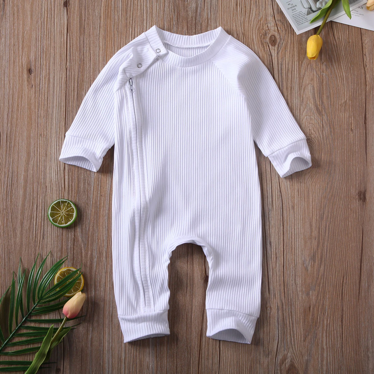 Infant Baby Girl Boy Solid Jumpsuit Long Sleeve Zipper Buttons Ribbed Jumpsuit Pure Cotton Jumpsuit Baby Round Neck Rompers