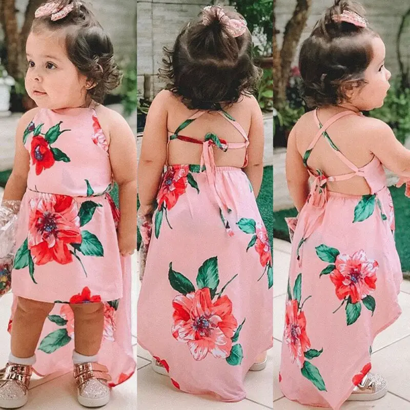 2023 Fashion UK Summer Toddler Kids Baby Girls Sleeveless Clothes Flower Backless Party Pageant Dress Casual Sundress