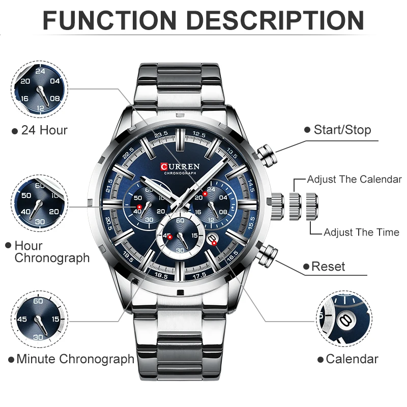 New CURREN Top Brand Luxury Fashion Mens Watches Stainless Steel Chronograph Quartz Watch Men Sport Male Clock Relogio Masculino