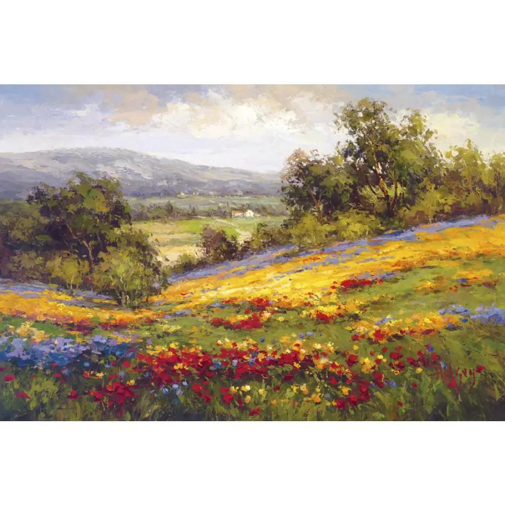 Large Canvas Wall Art Handmade Landscape Oil Painting Living Room Decor Field Flowers Village Modern Artwork Home Decorative