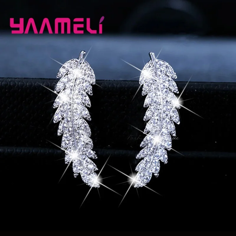 Hot Sale Korean Elegance Leaf Women Stud Earring 925 Sterling Silver Clear Rhinestone CZ Crystal Handemade Ear Brincos Pendiente