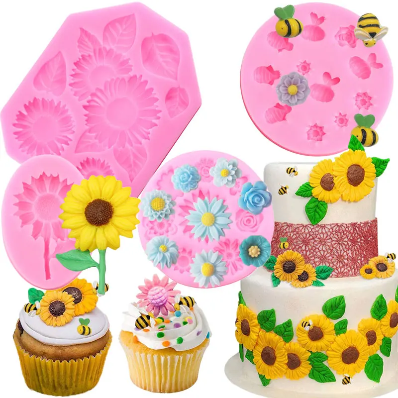 Sunflower Silicone Mold Flower Bee Cupcake Topper Fondant Mold Cake Decorating Tools Candy Polymer Clay Chocolate Gumpaste Mould