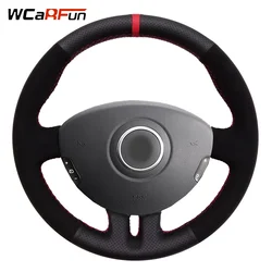 WCaRFun-cubierta de cuero negro para volante de coche, protector de ante con marcador rojo para Renault Clio 3 2005-2013 Clio dynamics 2008 clio mk 3 2010