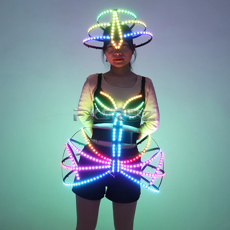 Pixel Smart LED Cage Costume Sexy Girl Light Up Ballet Dress Party Dancing Glowing Tutu Bra Lead Dancer Luminous Clothing Suits