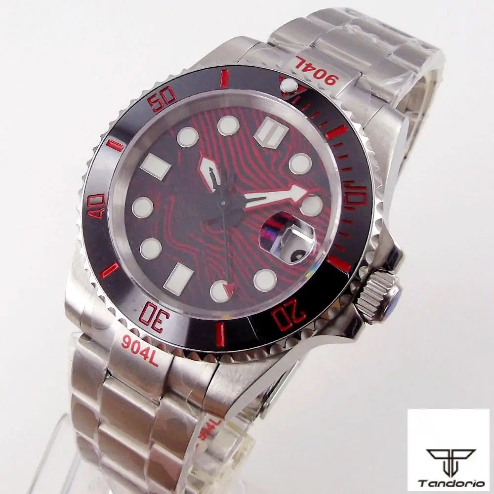 

40mm Red Face Men's Automatic Watch NH35A Movement Sapphire Glass Bracelet Glide Lock Ceramic Bezel Insert