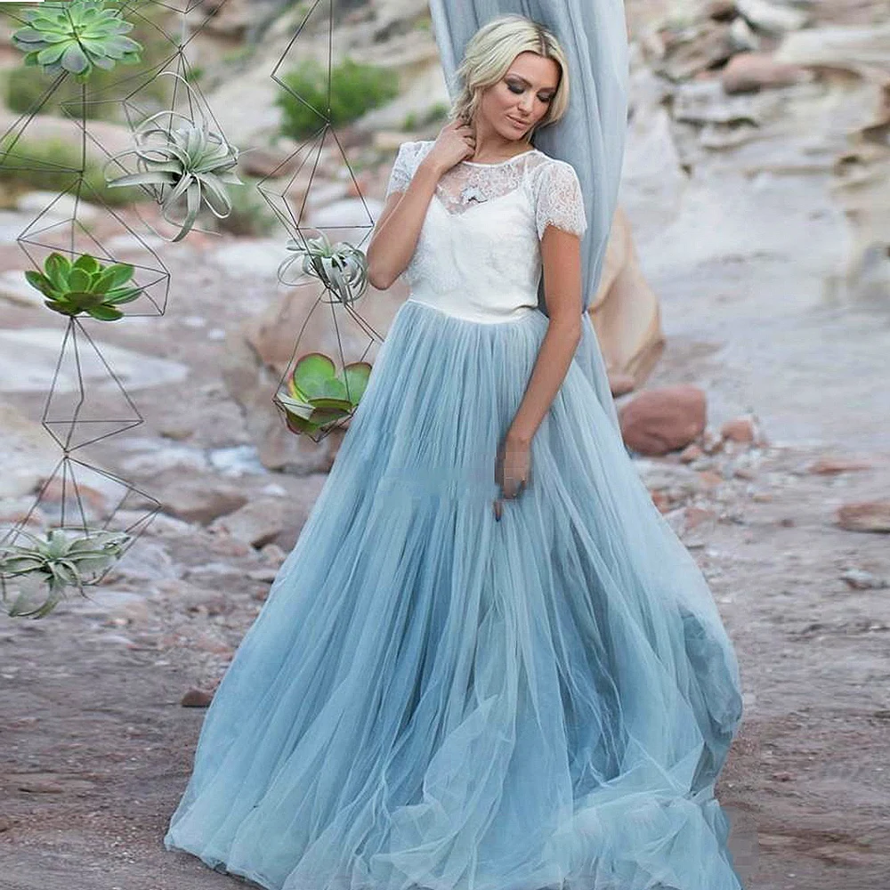 Vestido de novia de encaje azul cielo, manga corta, línea A, romántico, boda, barato, alta calidad, 2019