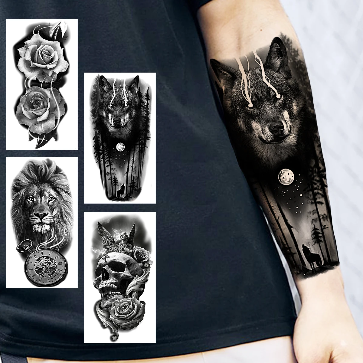 Black Wolf Forest Temporary Tattoos For Men Adults Realistic Dahlia Lion Skull Waterproof Fake Tattoo Sticker Forearm Tatoos