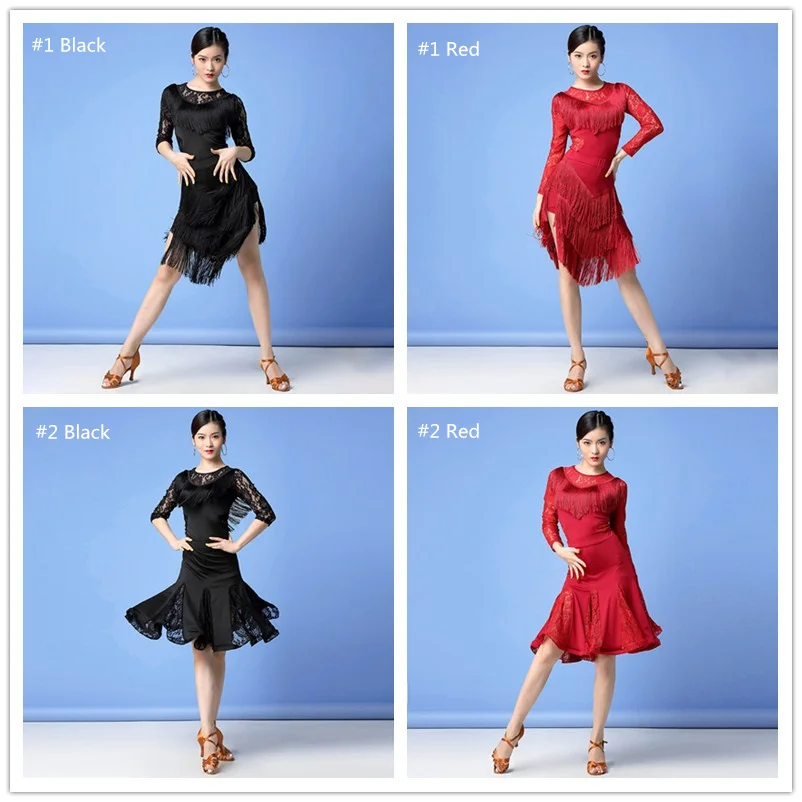 New Women Dance Clothes Salsa Samba Wear Long Sleeves Spandex 2 Pieces Fringes Latin Dresses Top and Short Skirt