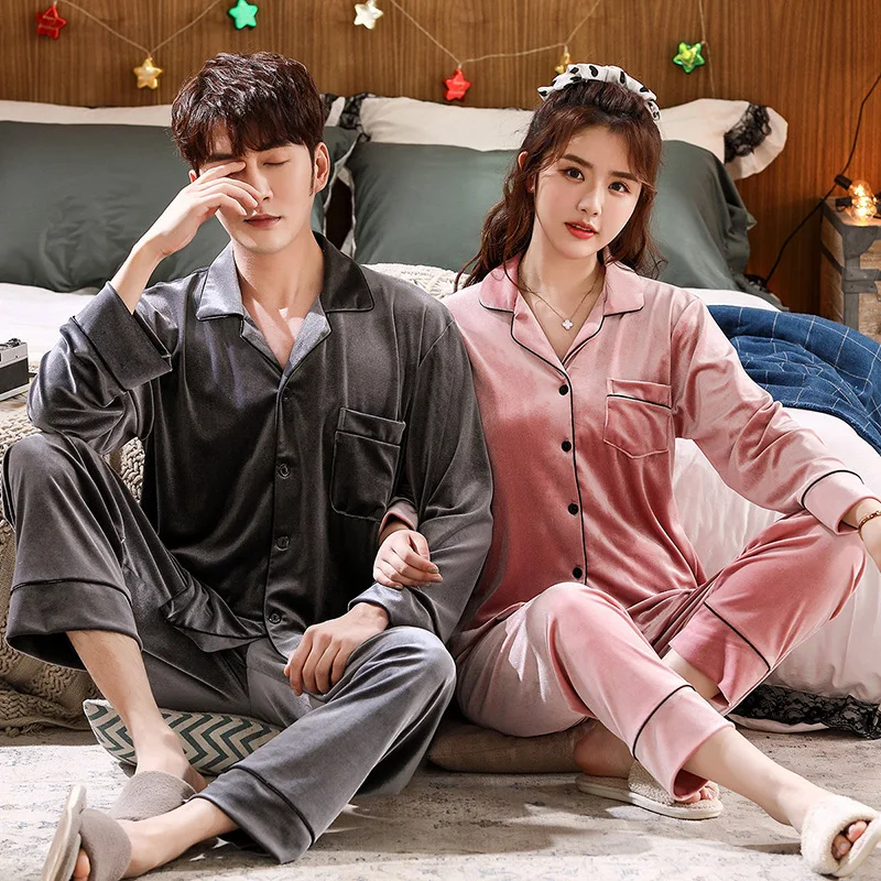 Velour Couple Pajamas Set Long Sleeve Shirt&Pants Autumn New 2PCS Sleepwear Lovers Pijamas Suit Casual Velvet Pyjamas Pour