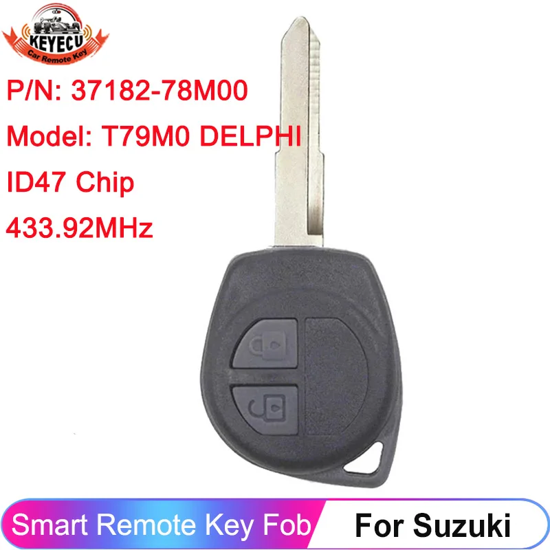 KEYECU 2 Buttons Model: T79M0 DELPHI 433.92MHz ID47 Chip For Suzuki Remote Car Key With HU87 Uncut Blade Fob 37182-78M00