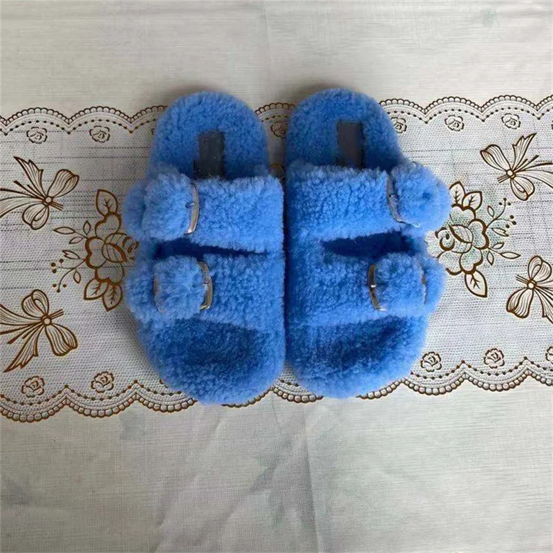 

European Station Wool Slippers Ladies 100% Fur Slippers High Quality Wool Slippers Fluffy Flat Heel Slippers