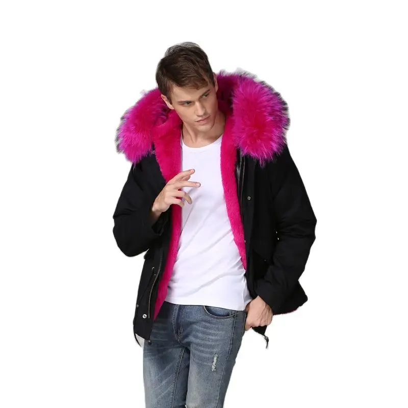 

Top Quality Short Length Rose Pink Faux Fur Lining Black Cotton Shell Mens Winter New Style Wear