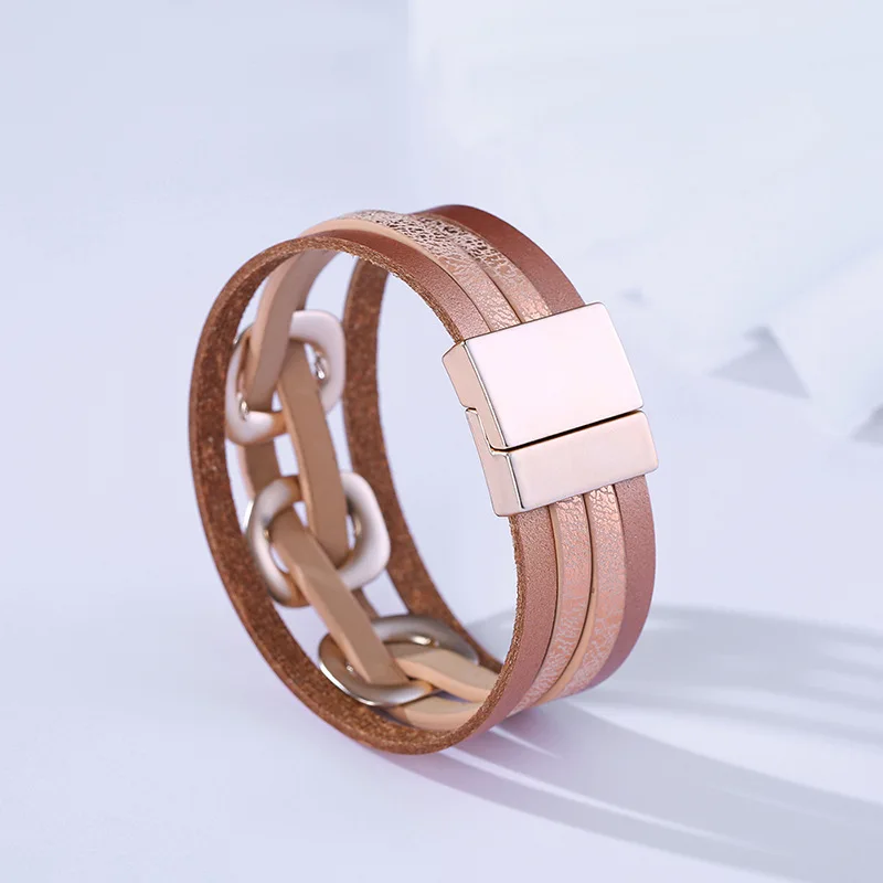 European And American Original Pop Atmospheric Pu Leather Multi-layer Magnet Buckle Hand Woven Bracelet Square Lady Jewelry