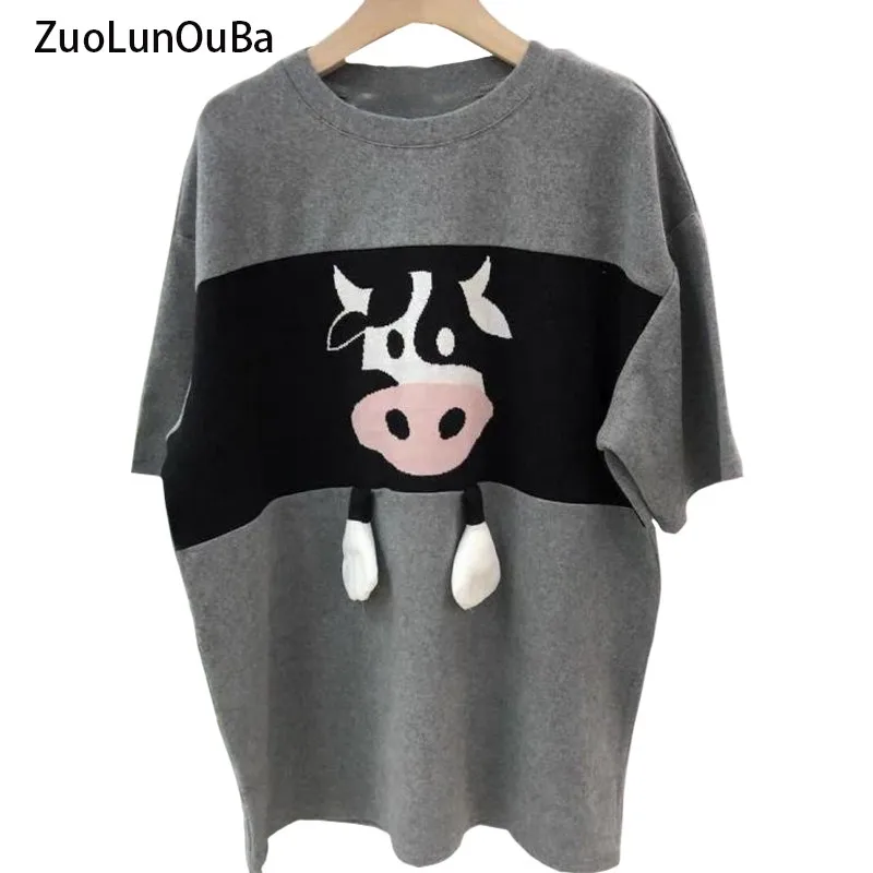 

ZuoLunOuBa 2021 Summer Fashion Stitching Harajuku Stereoscopic Pattern Cute Cow Women T Shirt Loose Gray Tees Tops Female