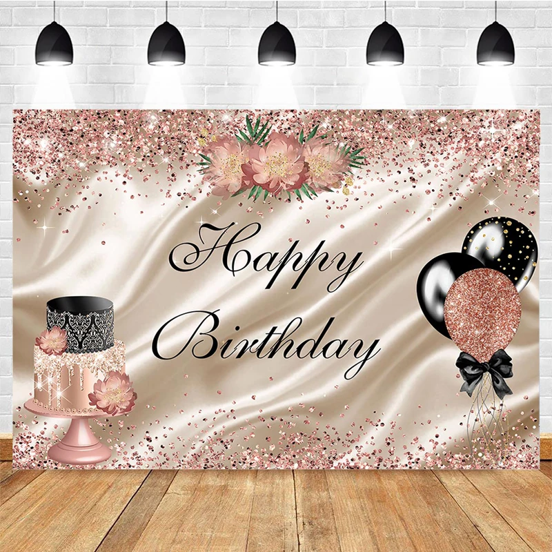 Mocsicka Birthday Party Photography Background Rose Gold Balloon Cake Crush Decoration Adult Birthday Photo Backdrop Studio