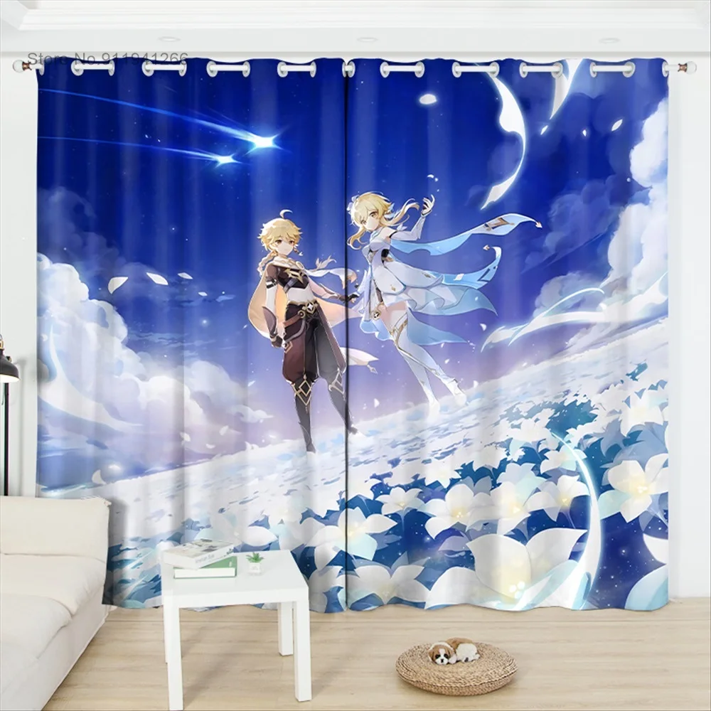 Anime Print Curtains Genshin Impact Kitchen Ultra-thin Micro Shading Curtains for Living Room Bedroom Window Treatments Drapes