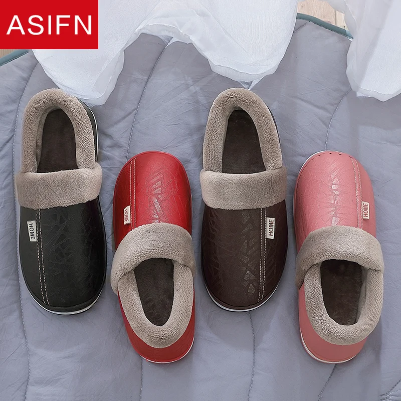 ASIFN-Chinelos de Couro PU Indoor para Homens e Mulheres, Impermeável, Casa, Pele, Masculino, Casal, Liso, Algodão, Chinelo de Inverno, Tamanho