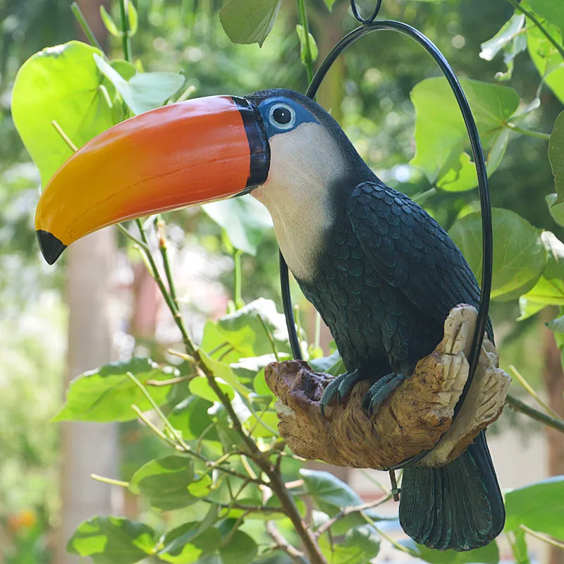 Outdoor Courtyard Simulation Resin Birds Iron Ring Toucan Parrot Ornaments Garden Figurines Crafts Villa Tree Decor Accessories