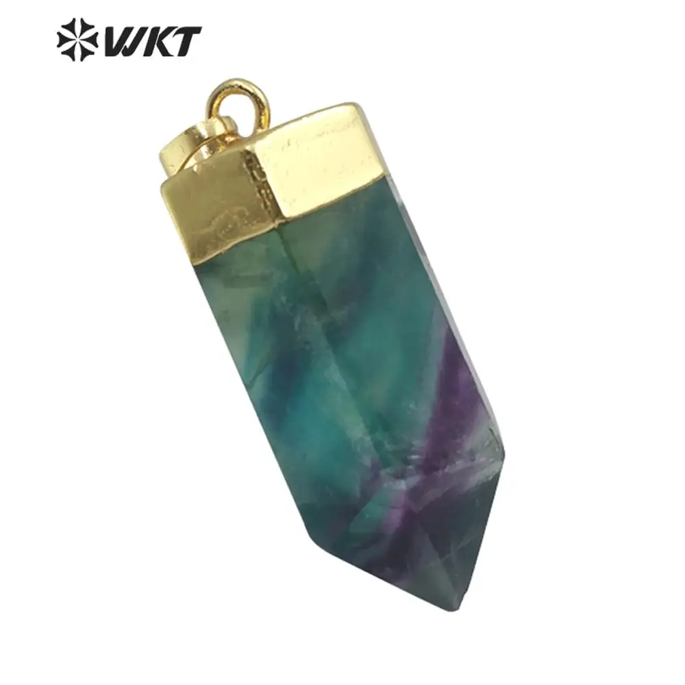 

WT-P1467 natural rainbow fluorite stone Pendant purple green pencil cylindrical gold Pendant Necklace women Jewelry 2019