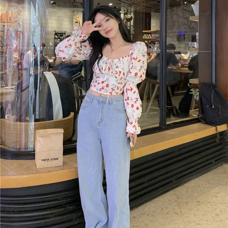 Floral Blouses Women Girls Lovely Square Collar Casual Design Sweet Harajuku Cropped Clothing Tops Vintage Stylish Aesthetic Ins