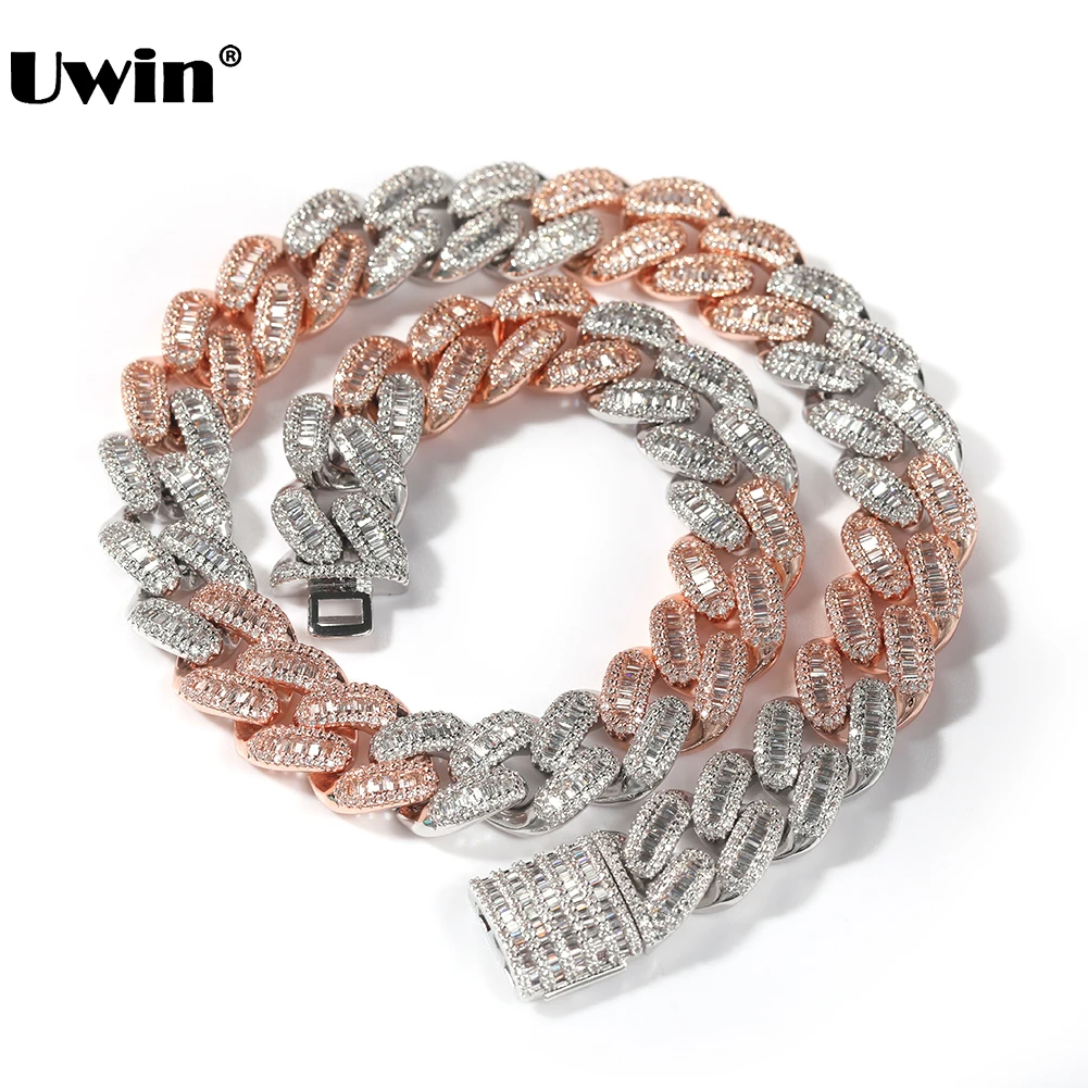 UWIN 15MM Two Tone baguettecz Zircon Necklaces Iced Out Cuban Link Chain AAA Rose Gold/Silver Color CZ Necklaces Hip Hop Jewelry