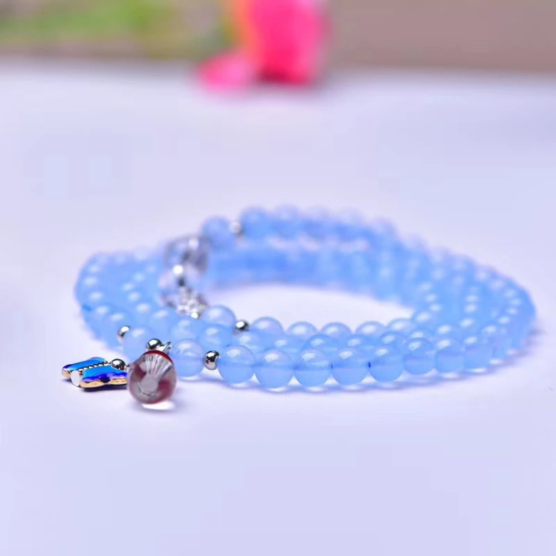 Blue Chalcedony Charm Bracelet 6mm Round Beads Three Turns Cloisonne Butterfly Pendant Crystal Bracelets Gifts for Women Jewelry