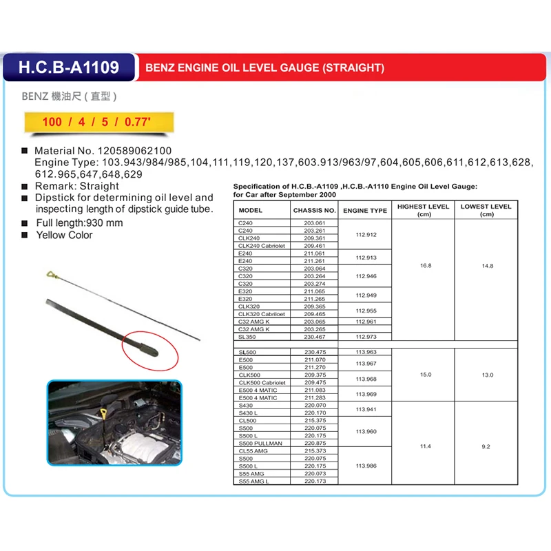 

ENGINE OIL LEVEL GAUGE STRAIGHT FOR BENZ dipstick for determining oil level and inspecting length of dipstick guide tube