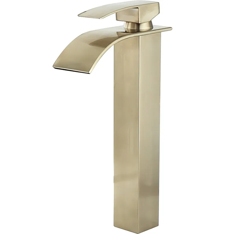 

Basin Faucets Solid Brass Bathroom Sink Mixer Tap Hot & Cold Single Handle Deck Mounted Lavatory Waterfall Crane Brushed Gold