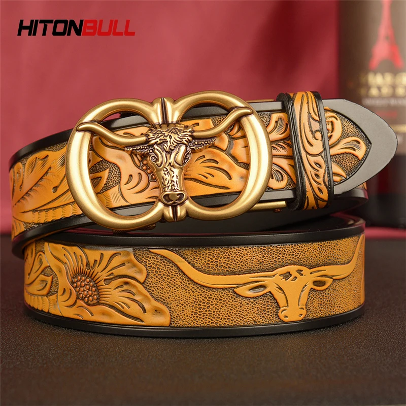 HIONBULL Luxury Men Belt The First Layer Genuine Leather Mens Automatic Buckle Belts Brand Cowskin intage Noble Male Strap