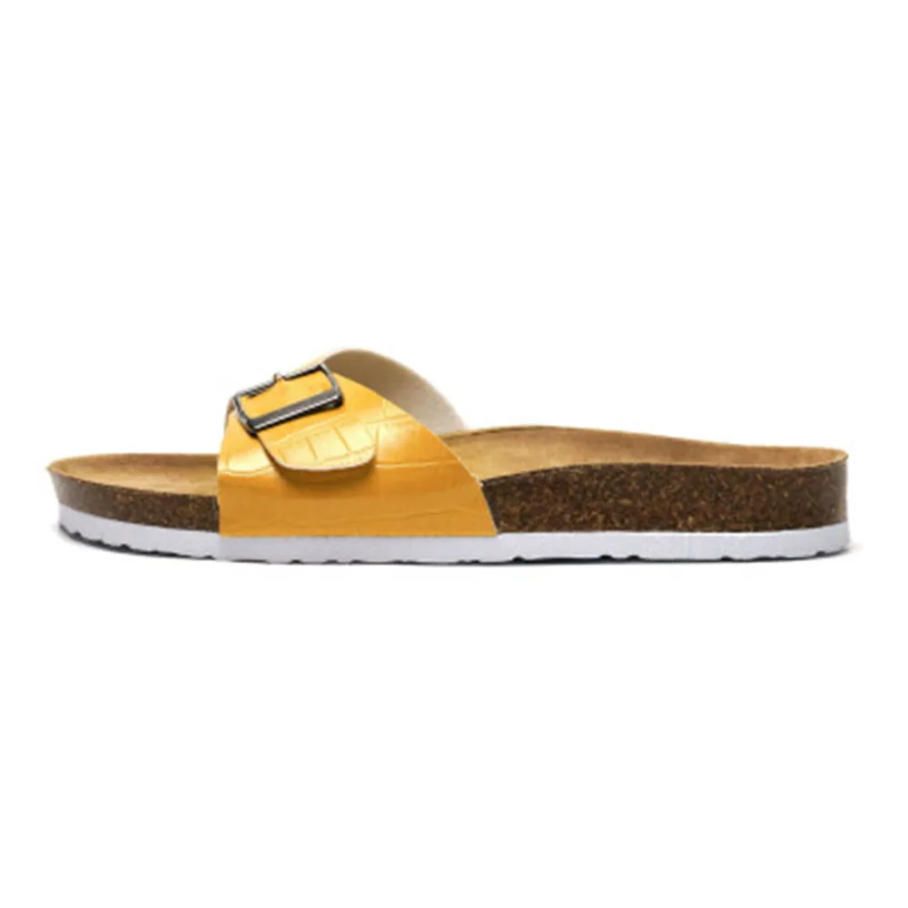 New 2024 Summer Women Sandals Flats Cork Slippers Casual Shoes Fashion Leather Buckle Beach Slides Flip Flop White Yellow Blue