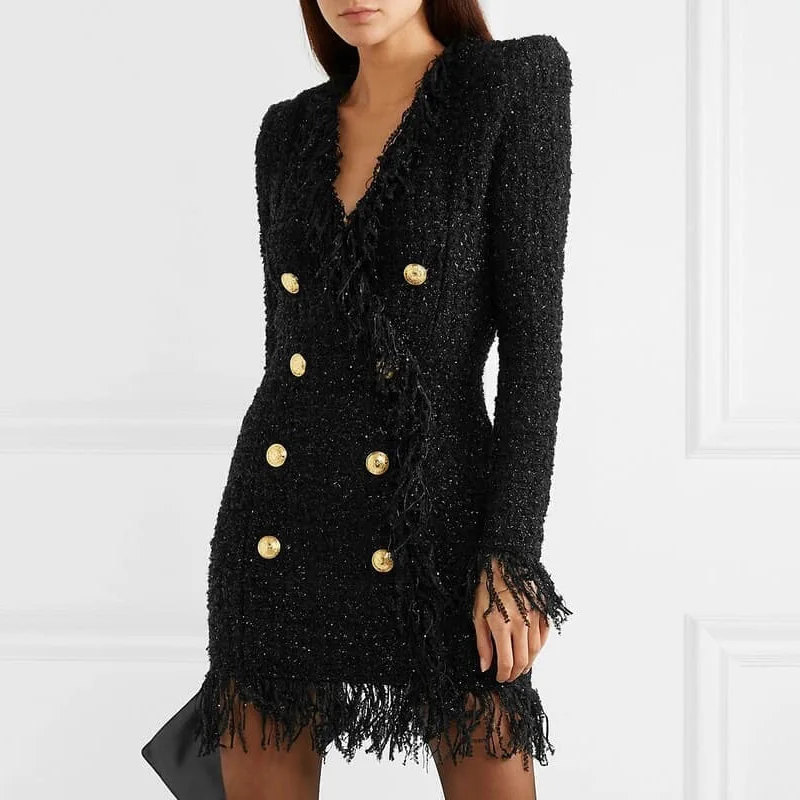 

HIGH QUALITY Newest 2024 Designer Runway Women's Long Sleeve Metal Lion Buttons Fringed Tweed Tassel Dress