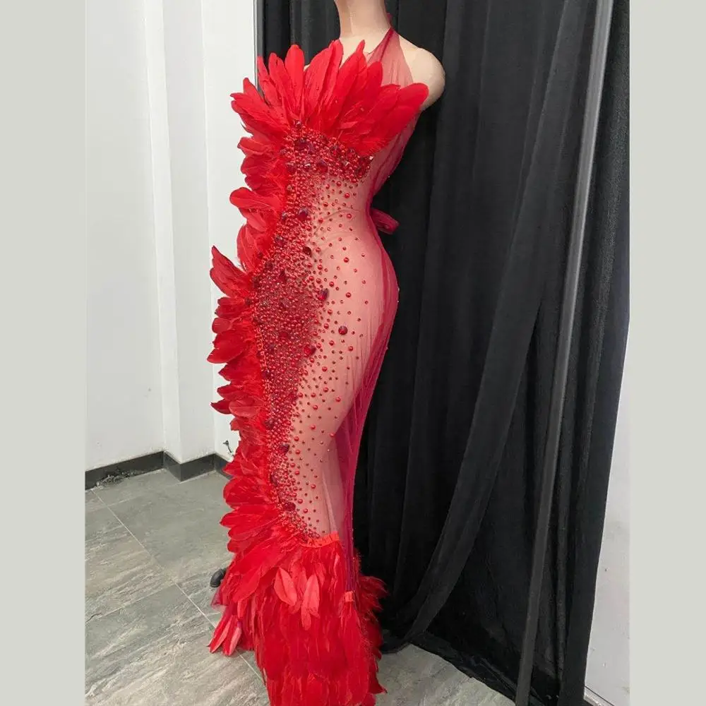 Luxury Red Crystal Evening See Through Mesh Dress Women Banquet Halter Rhinestone Feather Dress Sexy Party Floor Length Dress