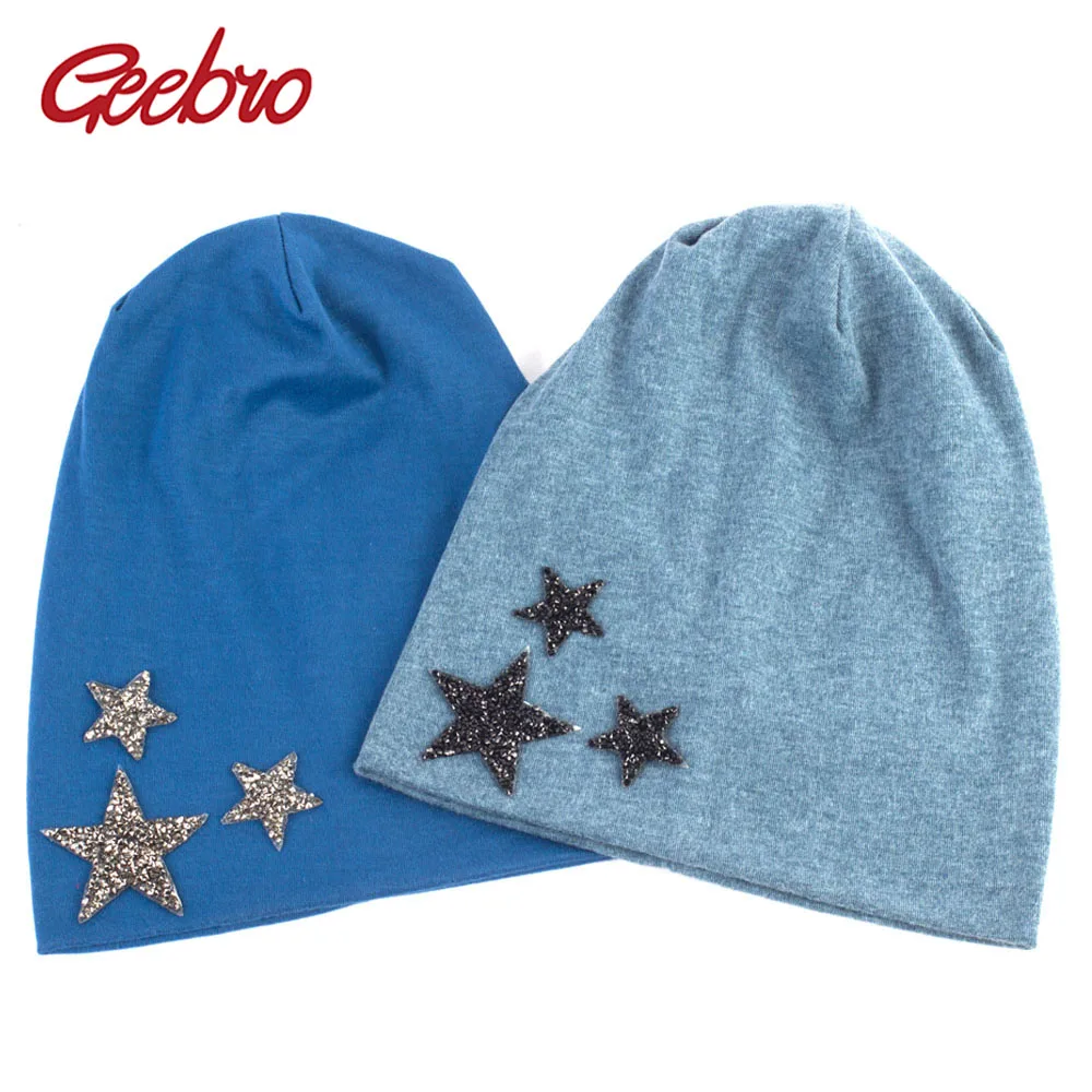 Geebro Women Cotton Star Beanies Autumn Casual Warm Slouchy Soft Hats Knitted Solid Color Elastic Fashion Skullies Caps Bonnet