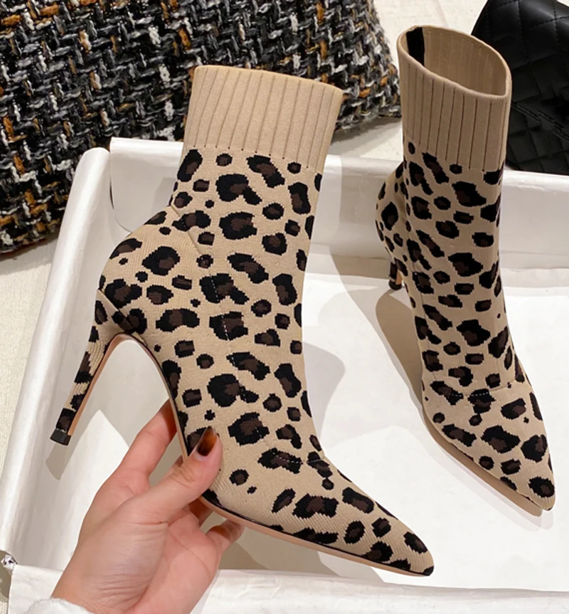 Newest Woman Leopard Stretch Cloth Sock Boots Woman Stiletto Heels Knitted Ankle Boots Woman Pointed Toe Fashion Short Booties