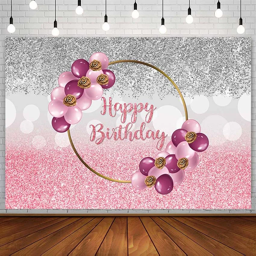 

Happy Birthday Party Backdrop Girl Decor Round Pink Balloon Flower Silver Glitter Photography Background Photo Studio Photophone